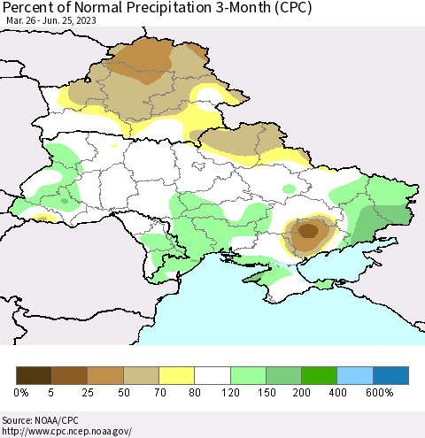 Ukraine, Moldova and Belarus Percent of Normal Precipitation 3-Month (CPC) Thematic Map For 3/26/2023 - 6/25/2023