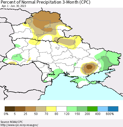 Ukraine, Moldova and Belarus Percent of Normal Precipitation 3-Month (CPC) Thematic Map For 4/1/2023 - 6/30/2023