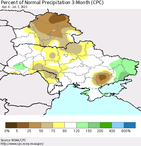 Ukraine, Moldova and Belarus Percent of Normal Precipitation 3-Month (CPC) Thematic Map For 4/6/2023 - 7/5/2023