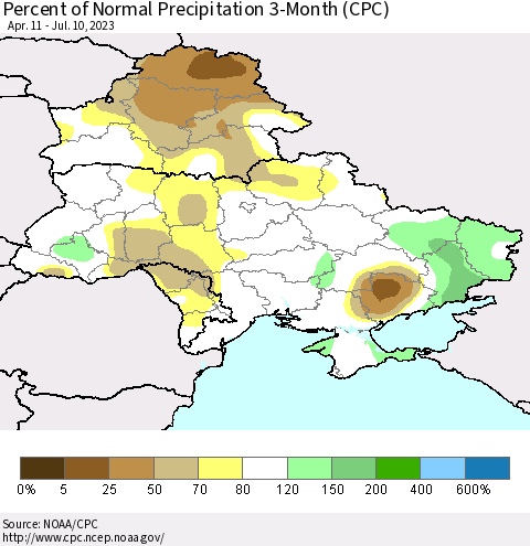 Ukraine, Moldova and Belarus Percent of Normal Precipitation 3-Month (CPC) Thematic Map For 4/11/2023 - 7/10/2023