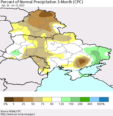 Ukraine, Moldova and Belarus Percent of Normal Precipitation 3-Month (CPC) Thematic Map For 4/16/2023 - 7/15/2023