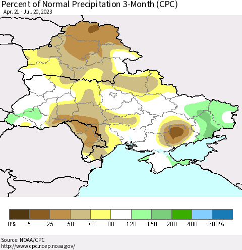 Ukraine, Moldova and Belarus Percent of Normal Precipitation 3-Month (CPC) Thematic Map For 4/21/2023 - 7/20/2023