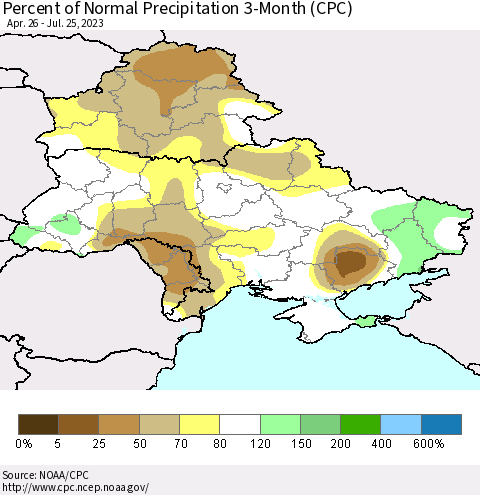 Ukraine, Moldova and Belarus Percent of Normal Precipitation 3-Month (CPC) Thematic Map For 4/26/2023 - 7/25/2023