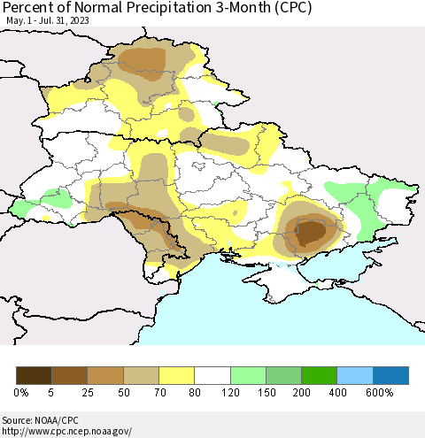 Ukraine, Moldova and Belarus Percent of Normal Precipitation 3-Month (CPC) Thematic Map For 5/1/2023 - 7/31/2023
