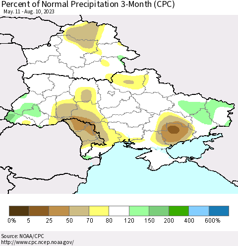 Ukraine, Moldova and Belarus Percent of Normal Precipitation 3-Month (CPC) Thematic Map For 5/11/2023 - 8/10/2023
