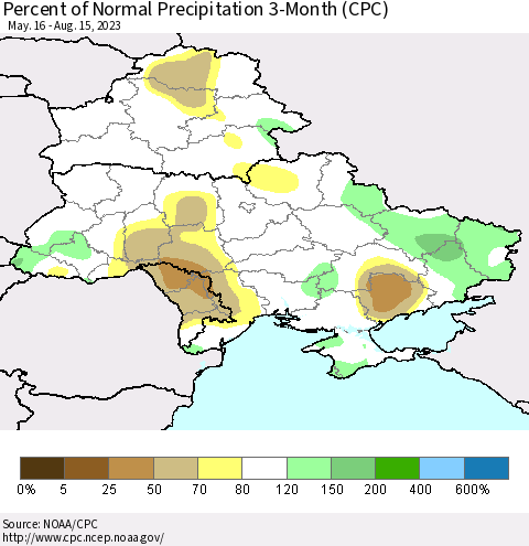 Ukraine, Moldova and Belarus Percent of Normal Precipitation 3-Month (CPC) Thematic Map For 5/16/2023 - 8/15/2023