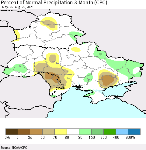 Ukraine, Moldova and Belarus Percent of Normal Precipitation 3-Month (CPC) Thematic Map For 5/26/2023 - 8/25/2023