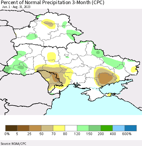Ukraine, Moldova and Belarus Percent of Normal Precipitation 3-Month (CPC) Thematic Map For 6/1/2023 - 8/31/2023