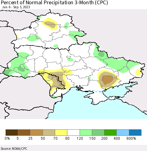 Ukraine, Moldova and Belarus Percent of Normal Precipitation 3-Month (CPC) Thematic Map For 6/6/2023 - 9/5/2023