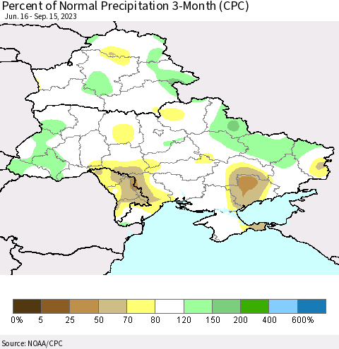 Ukraine, Moldova and Belarus Percent of Normal Precipitation 3-Month (CPC) Thematic Map For 6/16/2023 - 9/15/2023
