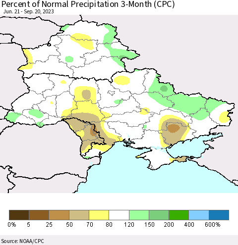 Ukraine, Moldova and Belarus Percent of Normal Precipitation 3-Month (CPC) Thematic Map For 6/21/2023 - 9/20/2023