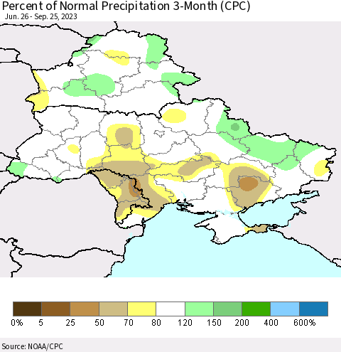 Ukraine, Moldova and Belarus Percent of Normal Precipitation 3-Month (CPC) Thematic Map For 6/26/2023 - 9/25/2023