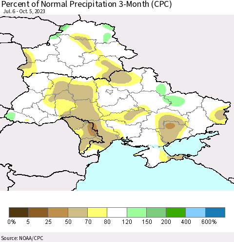 Ukraine, Moldova and Belarus Percent of Normal Precipitation 3-Month (CPC) Thematic Map For 7/6/2023 - 10/5/2023