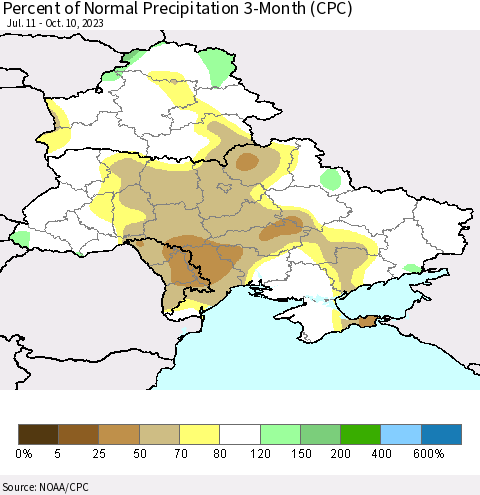 Ukraine, Moldova and Belarus Percent of Normal Precipitation 3-Month (CPC) Thematic Map For 7/11/2023 - 10/10/2023