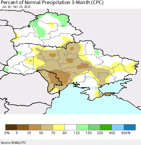 Ukraine, Moldova and Belarus Percent of Normal Precipitation 3-Month (CPC) Thematic Map For 7/16/2023 - 10/15/2023