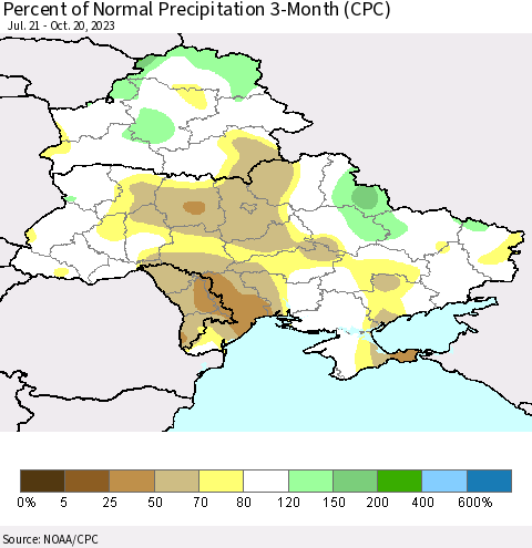 Ukraine, Moldova and Belarus Percent of Normal Precipitation 3-Month (CPC) Thematic Map For 7/21/2023 - 10/20/2023