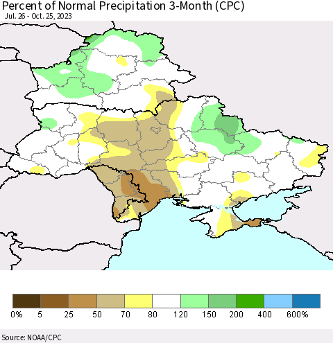 Ukraine, Moldova and Belarus Percent of Normal Precipitation 3-Month (CPC) Thematic Map For 7/26/2023 - 10/25/2023