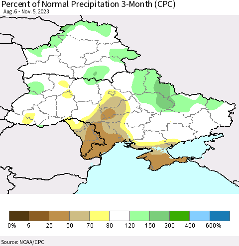 Ukraine, Moldova and Belarus Percent of Normal Precipitation 3-Month (CPC) Thematic Map For 8/6/2023 - 11/5/2023