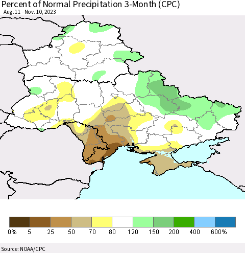 Ukraine, Moldova and Belarus Percent of Normal Precipitation 3-Month (CPC) Thematic Map For 8/11/2023 - 11/10/2023