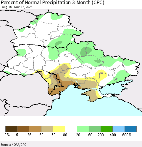 Ukraine, Moldova and Belarus Percent of Normal Precipitation 3-Month (CPC) Thematic Map For 8/16/2023 - 11/15/2023