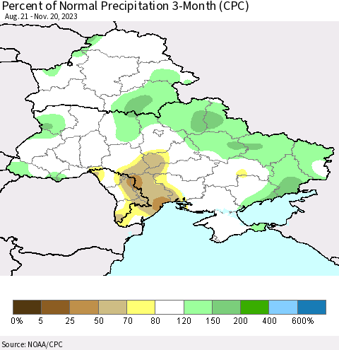Ukraine, Moldova and Belarus Percent of Normal Precipitation 3-Month (CPC) Thematic Map For 8/21/2023 - 11/20/2023