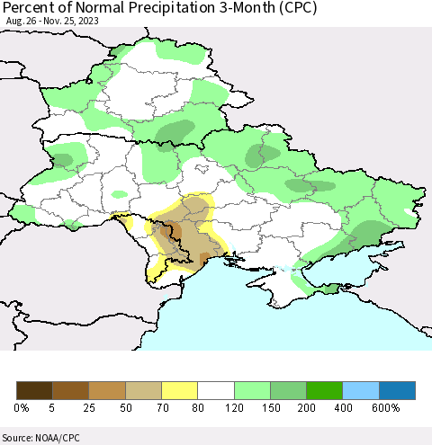 Ukraine, Moldova and Belarus Percent of Normal Precipitation 3-Month (CPC) Thematic Map For 8/26/2023 - 11/25/2023