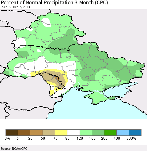 Ukraine, Moldova and Belarus Percent of Normal Precipitation 3-Month (CPC) Thematic Map For 9/6/2023 - 12/5/2023