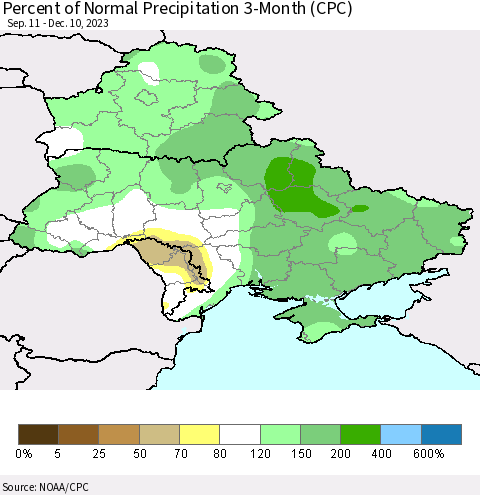 Ukraine, Moldova and Belarus Percent of Normal Precipitation 3-Month (CPC) Thematic Map For 9/11/2023 - 12/10/2023