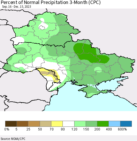 Ukraine, Moldova and Belarus Percent of Normal Precipitation 3-Month (CPC) Thematic Map For 9/16/2023 - 12/15/2023