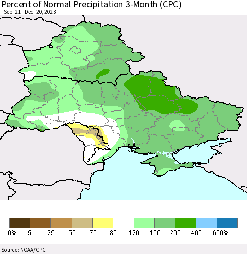 Ukraine, Moldova and Belarus Percent of Normal Precipitation 3-Month (CPC) Thematic Map For 9/21/2023 - 12/20/2023