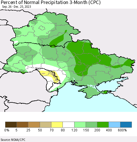 Ukraine, Moldova and Belarus Percent of Normal Precipitation 3-Month (CPC) Thematic Map For 9/26/2023 - 12/25/2023