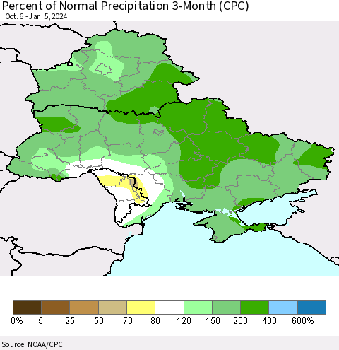 Ukraine, Moldova and Belarus Percent of Normal Precipitation 3-Month (CPC) Thematic Map For 10/6/2023 - 1/5/2024