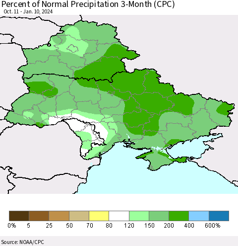 Ukraine, Moldova and Belarus Percent of Normal Precipitation 3-Month (CPC) Thematic Map For 10/11/2023 - 1/10/2024