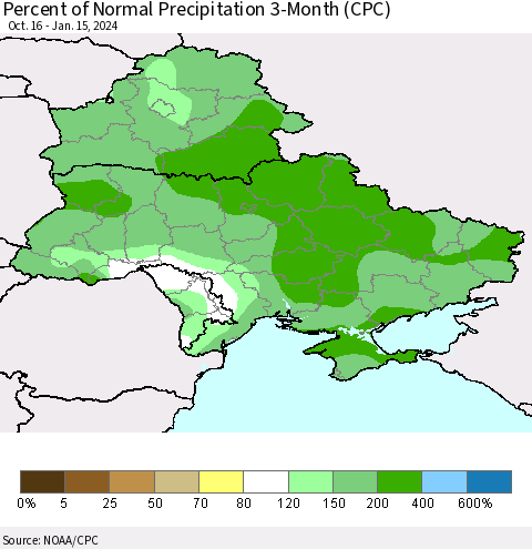 Ukraine, Moldova and Belarus Percent of Normal Precipitation 3-Month (CPC) Thematic Map For 10/16/2023 - 1/15/2024