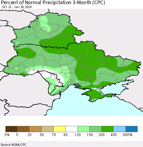 Ukraine, Moldova and Belarus Percent of Normal Precipitation 3-Month (CPC) Thematic Map For 10/21/2023 - 1/20/2024