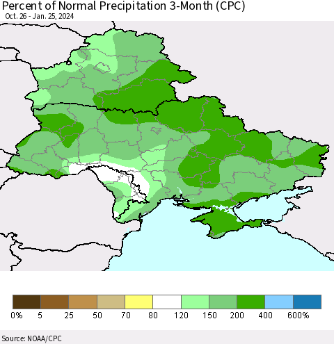 Ukraine, Moldova and Belarus Percent of Normal Precipitation 3-Month (CPC) Thematic Map For 10/26/2023 - 1/25/2024