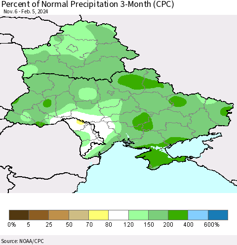 Ukraine, Moldova and Belarus Percent of Normal Precipitation 3-Month (CPC) Thematic Map For 11/6/2023 - 2/5/2024