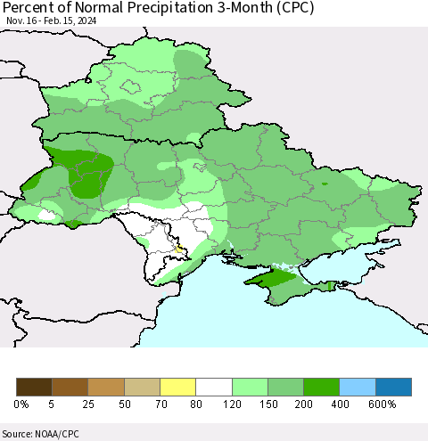 Ukraine, Moldova and Belarus Percent of Normal Precipitation 3-Month (CPC) Thematic Map For 11/16/2023 - 2/15/2024