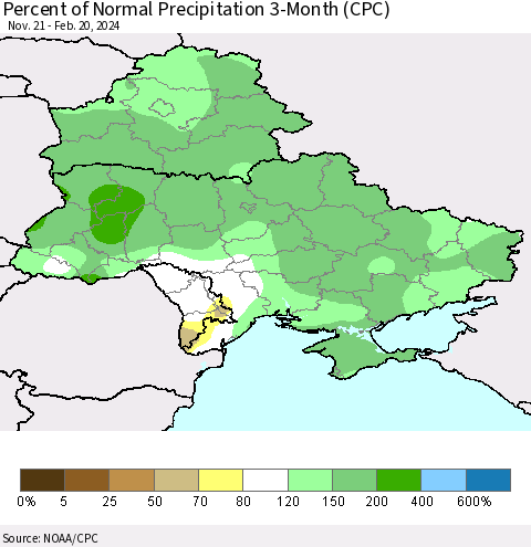 Ukraine, Moldova and Belarus Percent of Normal Precipitation 3-Month (CPC) Thematic Map For 11/21/2023 - 2/20/2024