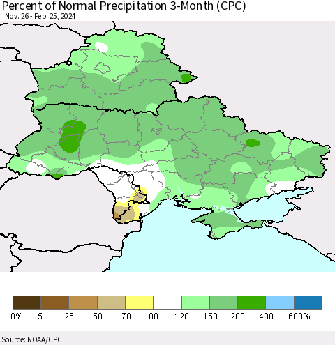 Ukraine, Moldova and Belarus Percent of Normal Precipitation 3-Month (CPC) Thematic Map For 11/26/2023 - 2/25/2024