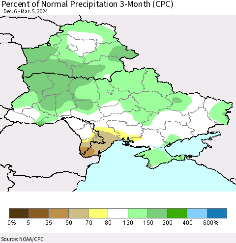 Ukraine, Moldova and Belarus Percent of Normal Precipitation 3-Month (CPC) Thematic Map For 12/6/2023 - 3/5/2024