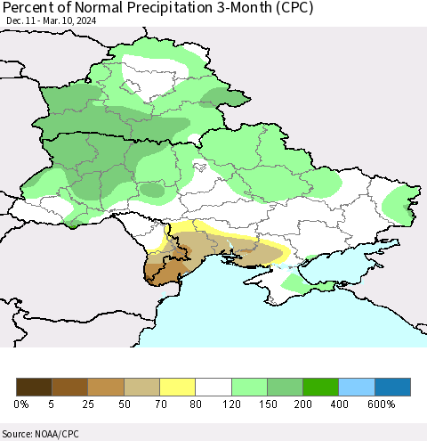 Ukraine, Moldova and Belarus Percent of Normal Precipitation 3-Month (CPC) Thematic Map For 12/11/2023 - 3/10/2024