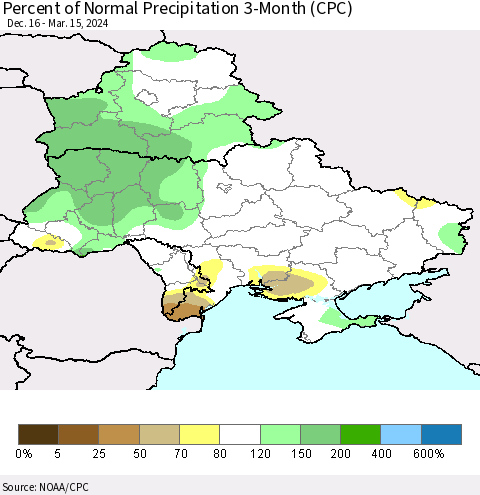 Ukraine, Moldova and Belarus Percent of Normal Precipitation 3-Month (CPC) Thematic Map For 12/16/2023 - 3/15/2024