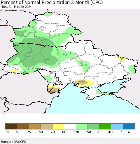 Ukraine, Moldova and Belarus Percent of Normal Precipitation 3-Month (CPC) Thematic Map For 12/21/2023 - 3/20/2024