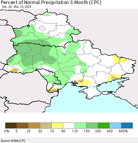 Ukraine, Moldova and Belarus Percent of Normal Precipitation 3-Month (CPC) Thematic Map For 12/26/2023 - 3/25/2024