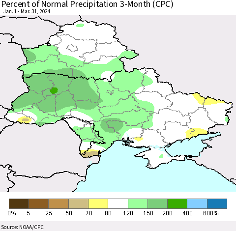 Ukraine, Moldova and Belarus Percent of Normal Precipitation 3-Month (CPC) Thematic Map For 1/1/2024 - 3/31/2024