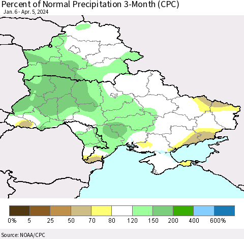 Ukraine, Moldova and Belarus Percent of Normal Precipitation 3-Month (CPC) Thematic Map For 1/6/2024 - 4/5/2024