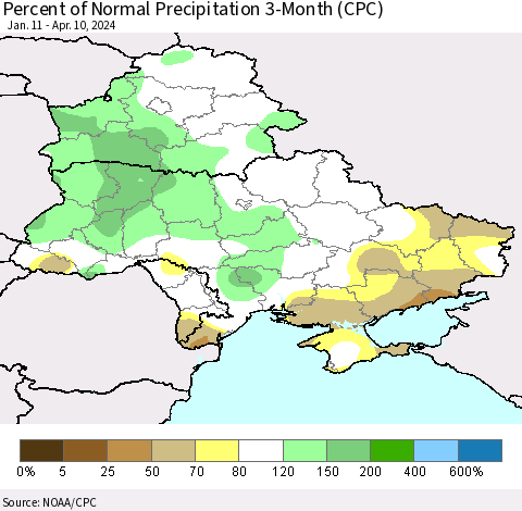 Ukraine, Moldova and Belarus Percent of Normal Precipitation 3-Month (CPC) Thematic Map For 1/11/2024 - 4/10/2024