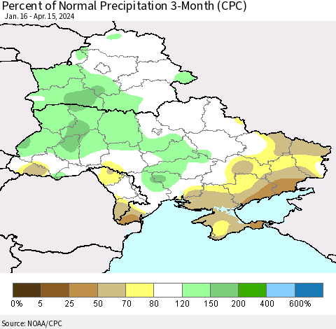 Ukraine, Moldova and Belarus Percent of Normal Precipitation 3-Month (CPC) Thematic Map For 1/16/2024 - 4/15/2024