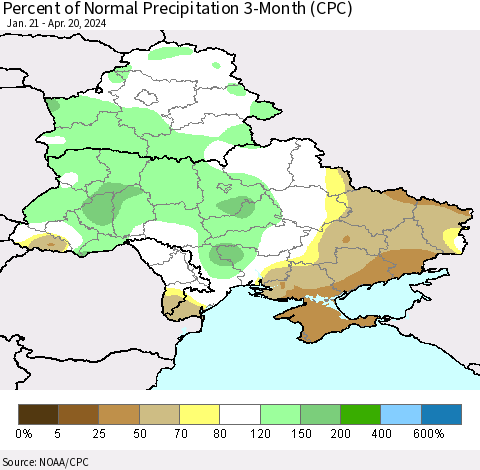 Ukraine, Moldova and Belarus Percent of Normal Precipitation 3-Month (CPC) Thematic Map For 1/21/2024 - 4/20/2024
